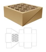 Cake box with stenciled pattern on top die cut template and 3D mockup vector