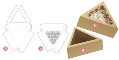 Triangular tray with stenciled pattern lid die cut template and 3D mockup vector