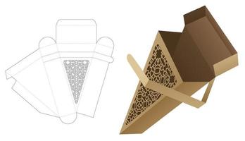 Zipping triangular packaging box with stenciled pattern die cut template and 3D mockup vector