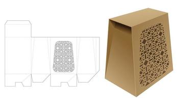 tall trapezoid packaging box with stenciled pattern die cut template and 3D mockup vector