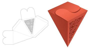 locked flip pyramid box with stenciled pattern die cut template and 3D mockup vector