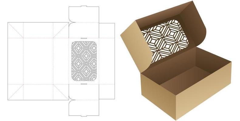 Folded box with stenciled geometric pattern die cut template and 3D mockup