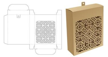 Hanging packaging with stenciled pattern die cut template and 3D mockup vector