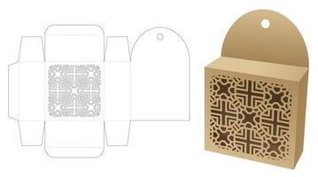 Hanging box with stenciled pattern window die cut template and 3D mockup vector