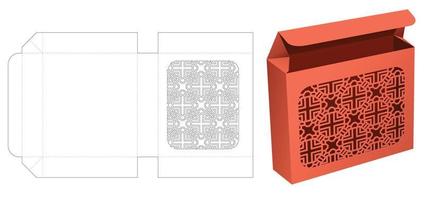 Simple box with stenciled pattern die cut template and 3D mockup vector