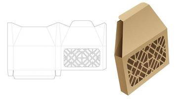 Tin unique box with stenciled geometric pattern die cut template and 3D mockup vector