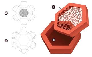 Hexagonal box with stenciled lid die cut template and 3D mockup vector