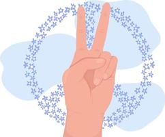 Peace symbol 2D vector isolated illustration. Greetings. Friendly flat hand gesture on cartoon background. Positive expression colourful editable scene for mobile, website, presentation