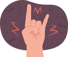 Sign of horns 2D vector isolated illustration. Rock flat hand gesture on cartoon background. Heavy metal symbol colourful editable scene for mobile, website, presentation