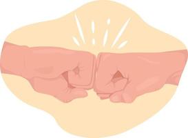 Two fists hitting together 2D vector isolated illustration. Greeting flat hand gesture on cartoon background. Friendly and positive signal colourful editable scene for mobile, website, presentation
