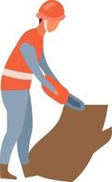 Worker cutting tree with chainsaw semi flat color vector character