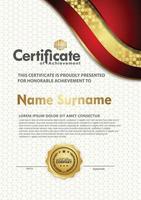 Luxury vertical modern certificate template with red and gold flow lines effect ornament on texture pattern background, vector