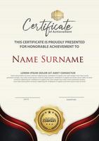 Luxury vertical modern certificate template with red, gray and gold flow lines effect ornament on texture pattern background, vector