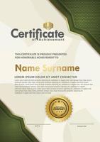 Luxury vertical modern certificate template with green and gold flow lines effect ornament on texture pattern background, vector