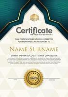 Luxury vertical modern certificate template with green and gold flow lines effect ornament on texture pattern background, vector
