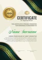 Luxury vertical modern certificate template with green and gold flow lines effect ornament on texture pattern background, vector