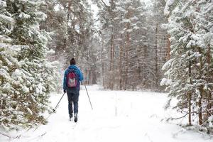 esquiador con mochila y sombrero con pompón con bastones de esquí en las manos sobre el fondo de un bosque nevado. esquí de fondo en bosque de invierno, deportes al aire libre, estilo de vida saludable, turismo de deportes de invierno. foto