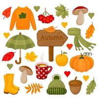 Autumn color collection. Clipart set with autumn leaves, pumpkin, acorn, sweater, hat, scarf, cup of hot tea, mushrooms and other symbols of fall. Isolated objects. Vector illustration. Cartoon style.