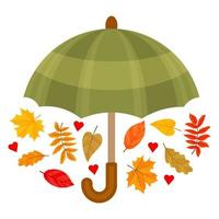 Umbrella with leaves. Autumn color image. Symbol of fall. Isolated objects. Vector illustration. Cartoon style.