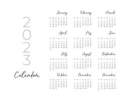 2023 Calendar year vector illustration. The week starts on Sunday. Annual calendar 2023 template. Calendar design in black and white colors, Sunday in red colors. Vector