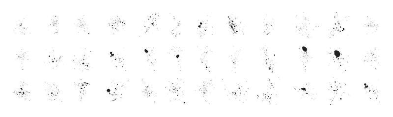 Set of black ink splashes for design graphic elements. Abstract ink stroke and splash on white background. Hand drawn illustration brush for dirty texture.