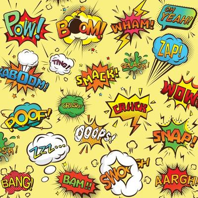 Comic speech bubbles or sound replicas for kaboom explosion, crash and wham, oops and oh, pow and boom bomb, snap and z-z-z, omg and angry argh. Onomatopoeia and exclamation theme