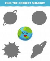 Education game for children find the correct shadow set of cute cartoon solar system earth planet vector