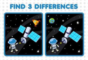 Education game for children find three differences between two cute cartoon solar system satellite astronaut earth planet rocket vector