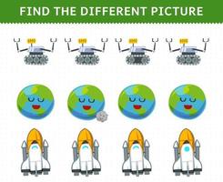 Education game for children find the different picture in each row cute cartoon solar system robot earth planet spaceship vector