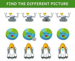 juego educativo para niños encuentra la imagen diferente en cada fila dibujos animados lindo sistema solar robot planeta tierra nave espacial vector