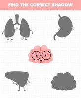 Education game for children find the correct shadow set of cute cartoon human organ brain vector