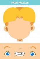 Education game for children face puzzle cut and glue cut parts of cute cartoon boy character vector