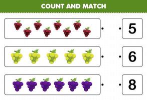 Education game for children count and match count the number of cartoon fruits grape and match with the right numbers printable worksheet vector