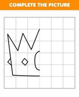 Education game for children complete the picture cartoon wearable clothes crown half outline for drawing vector