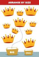 Education game for children arrange by size big or small put it in the box cartoon wearable clothes crown pictures vector