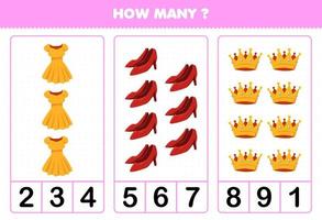 Education game for children counting how many cartoon wearable clothes dress heel crown vector