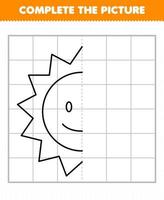 Education game for children complete the picture cute cartoon solar system sun half outline for drawing vector