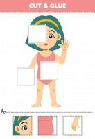 Education game for children cut and glue cut parts of cute cartoon girl anatomy printable worksheet vector