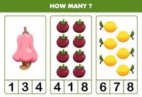 Education game for children counting how many cartoon fruits cashew mangosteen lemon vector