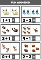 juego educativo para niños suma divertida contando y sumando dibujos animados lindo cuerno animal cabra narval escarabajo alce ciervo yak imágenes hoja de trabajo vector