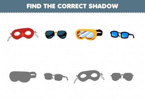 Education game for children find the correct shadow set of cartoon wearable clothes mask sunglasses glasses goggles vector