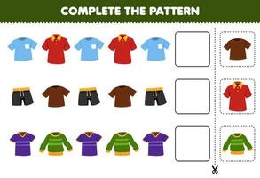 Education game for children complete the pattern logical thinking find the regularity and continue the row task with cartoon wearable clothes t shirt pant jersey polo shirt sweater