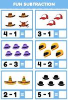 Education game for children fun subtraction by counting and eliminating cartoon wearable clothes cowboy hat cap fedora helm sombrero printable worksheet vector
