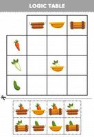Education game for children logic table cartoon vegetable carrot radish cucumber match with correct basket printable worksheet vector