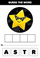 Education game for children guess the word letters practicing cute cartoon solar system object star vector