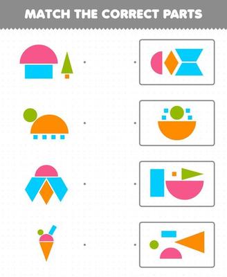 Education game for children match the correct parts geometric shapes 3 square triangle trapezoid circle rhombus rectangle printable worksheet