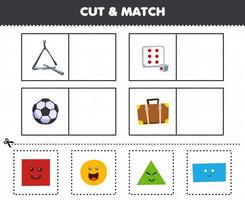 Education game for children cut and match the same picture of cute cartoon shape triangle square dice circle soccer ball rectangle suitcase vector