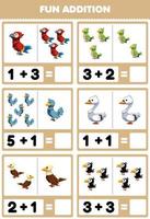 Education game for children fun addition by counting and sum cute cartoon bird animal parrot parakeet dove swan eagle toucan pictures worksheet vector