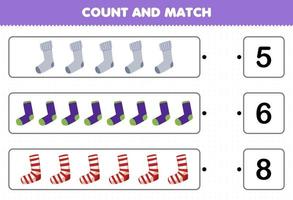 Education game for children count and match count the number of cartoon wearable clothes socks and match with the right numbers printable worksheet vector