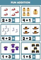 juego educativo para niños suma divertida contando y sumando ropa de dibujos animados tapa chaleco de emergencia calcetines sombrero de vaquero jersey camisa pantalón fotos hoja de trabajo vector